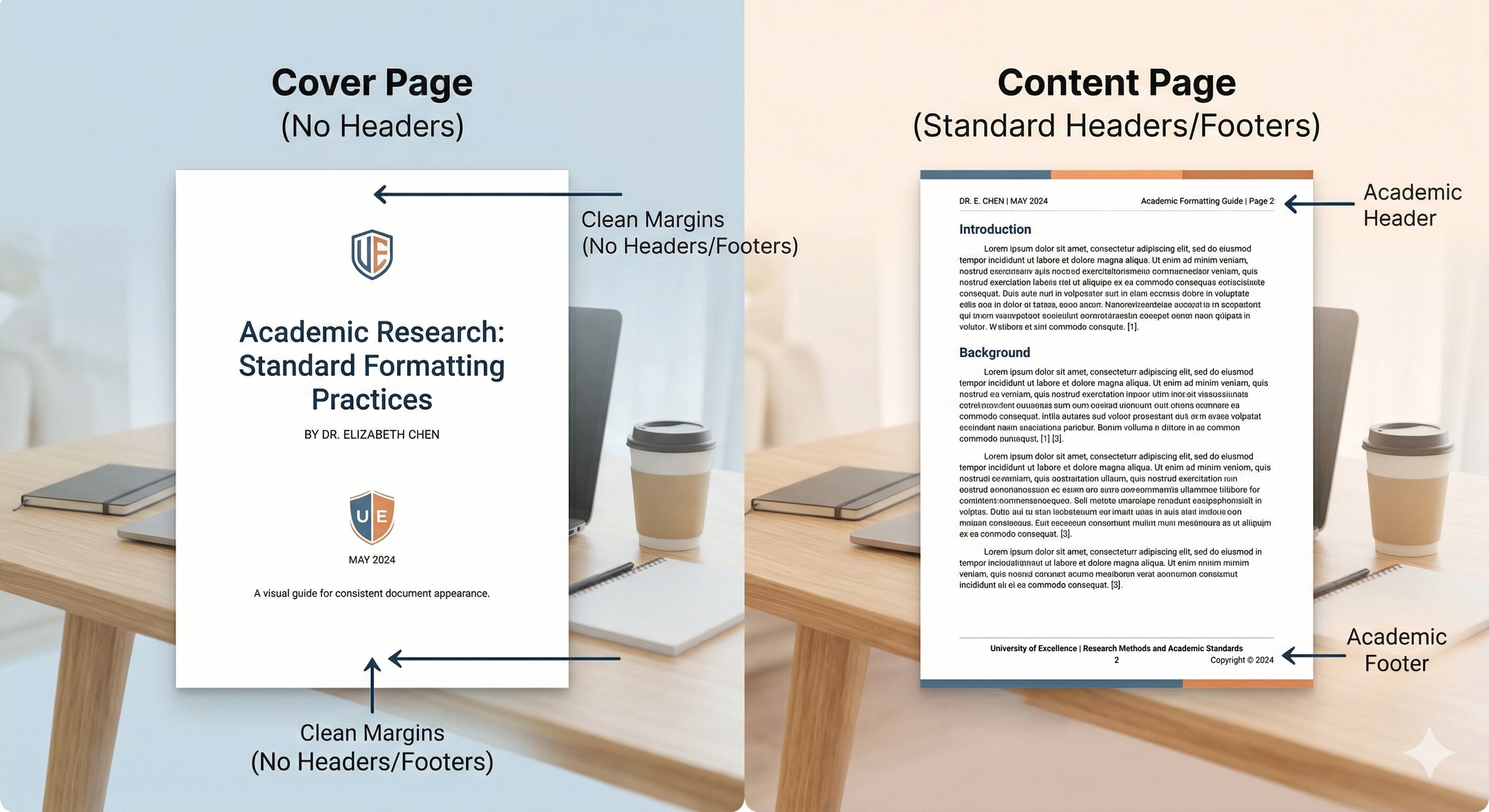 Comparison of a cover page without headers and a content page with standard academic headers and footers.